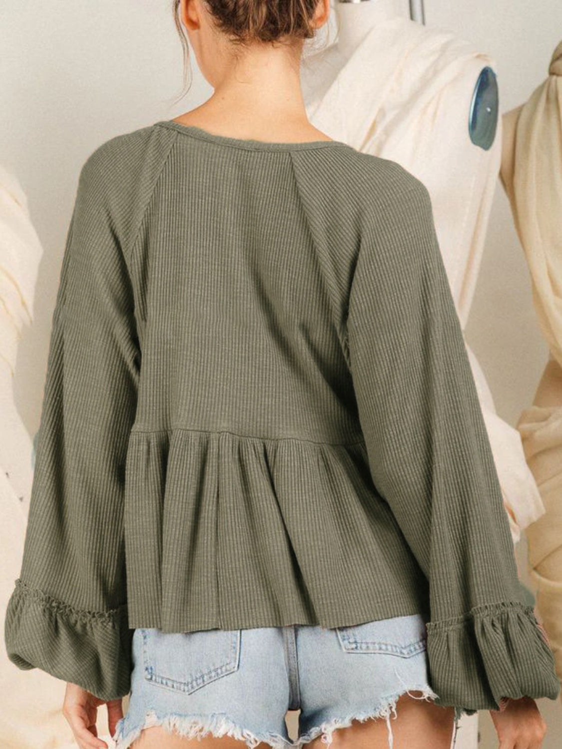 Notched Balloon Sleeve Peplum Blouse