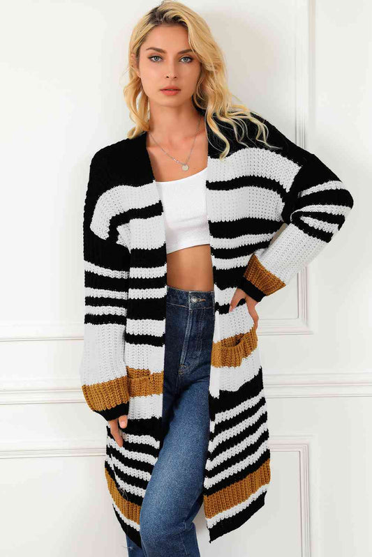 Striped Open Front Cardigan with Pockets