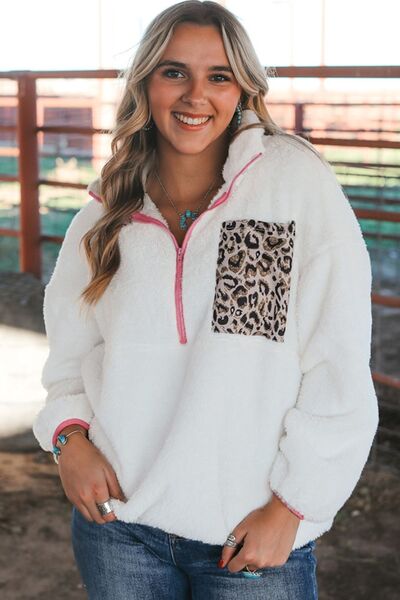 Half Zip Leopard Contrast Long Sleeve Sweatshirt